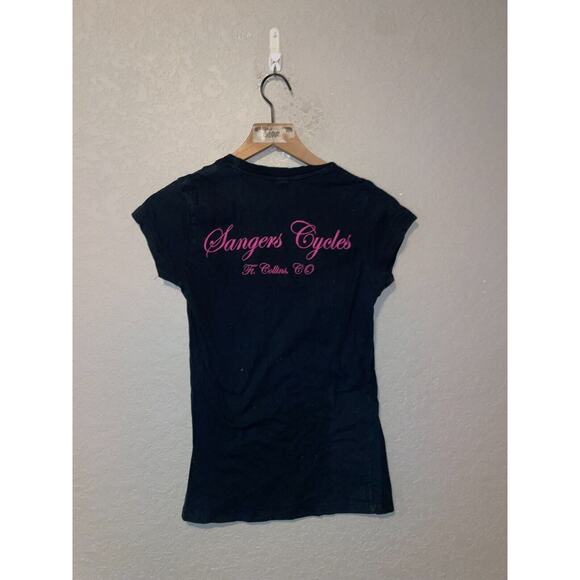 Womens Sangers Cycles Shirt Legendary Heritage American Black Top Tee 2010 M - Picture 7 of 10